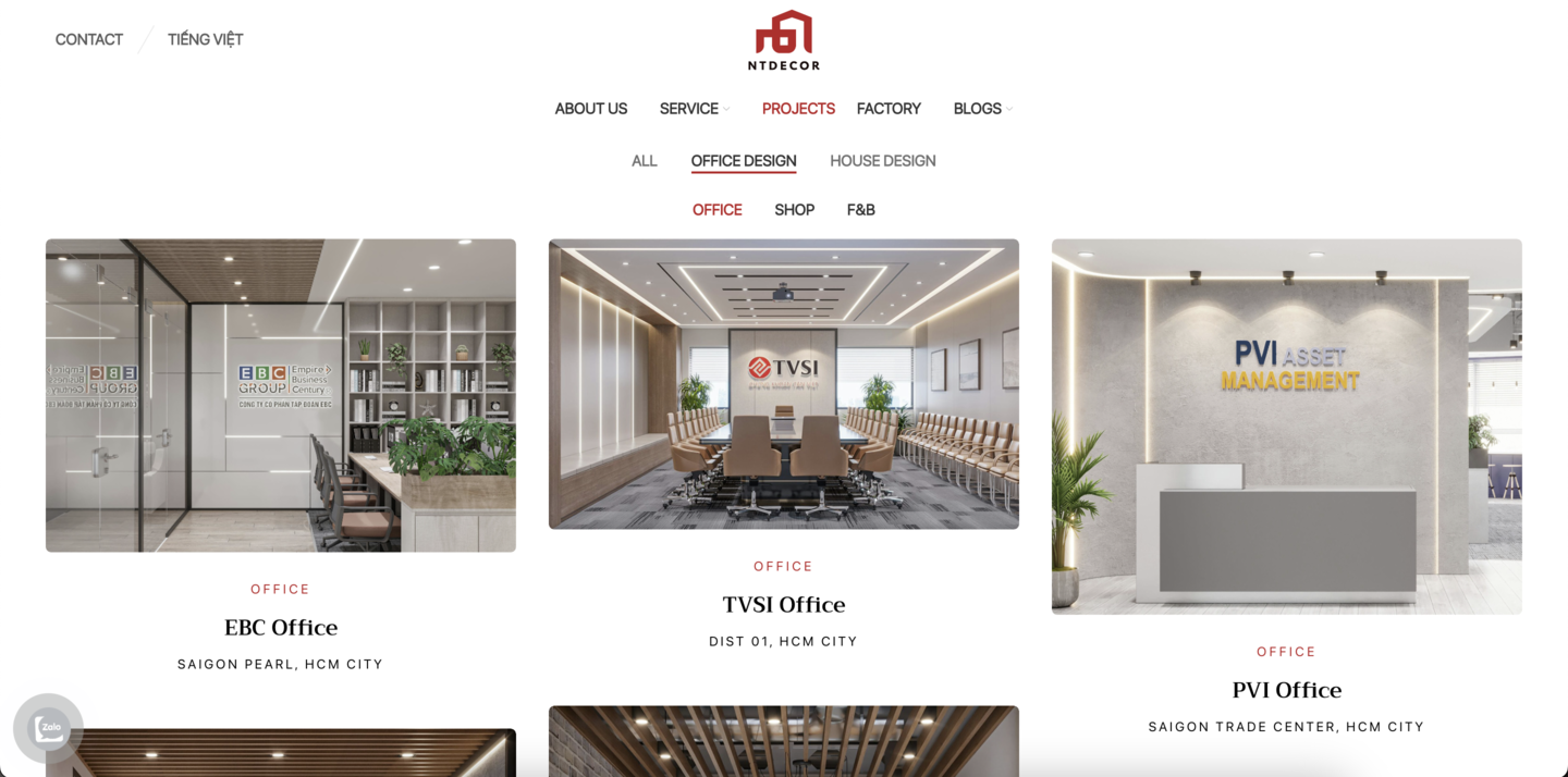 website ntdecor danh mục tab dự án | WEBEGIN